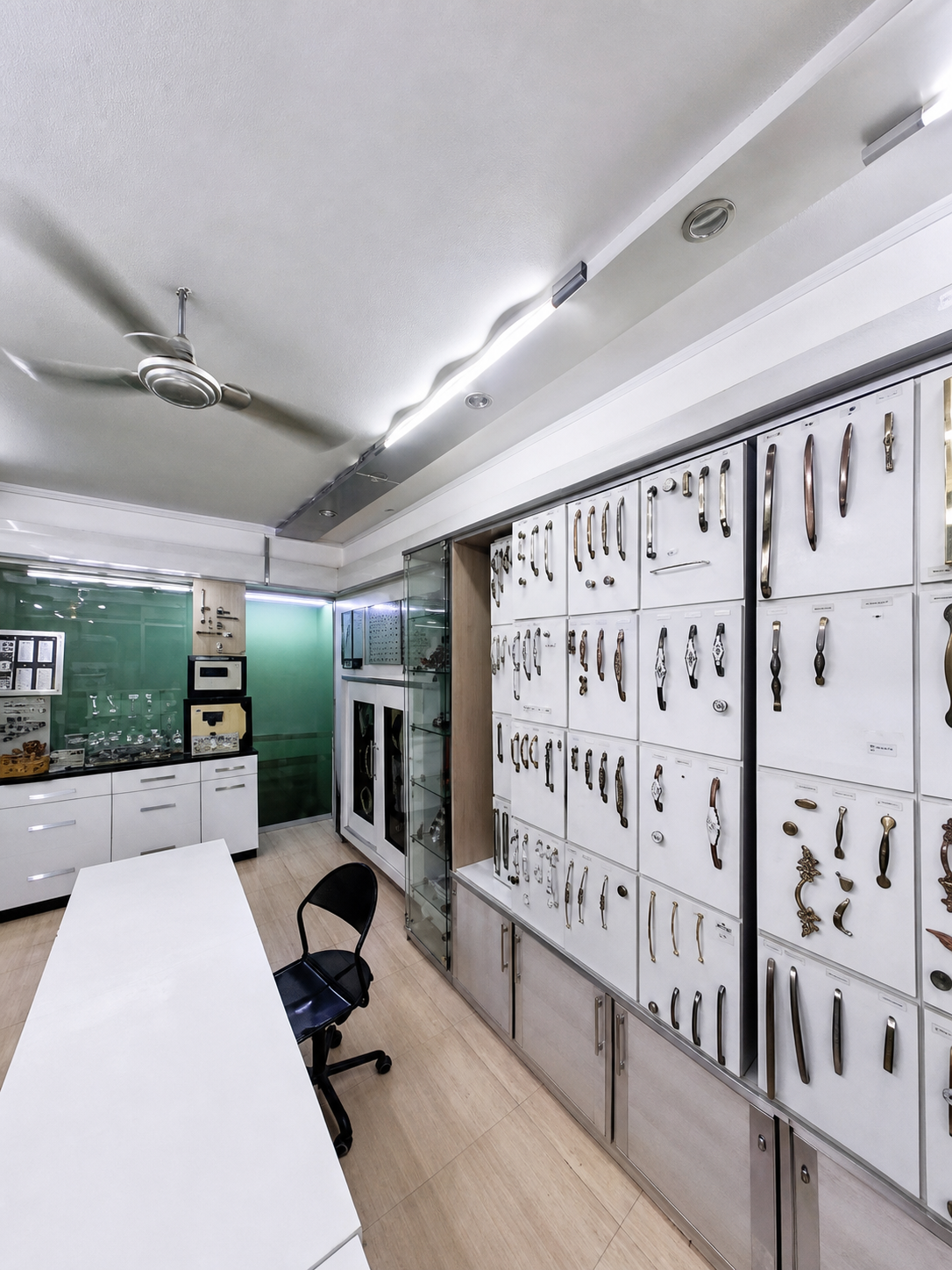 Wall of furniture handles in the Surat showroom